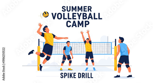 Summer Volleyball Camp Illustration Depicting Spike Drill Training Exercise Practice in Action