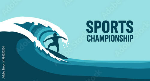 Surfing Competition Poster With Dynamic Wave and Surfer Silhouette Displaying Athletic Skill