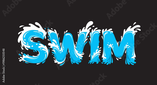 Swim Artistic Display: Aquatic Typography with Watery Splash Design on Black Background