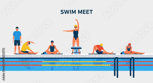 Swim Meet: Athletes Prepare for Competition in Colorful and Dynamic Illustration