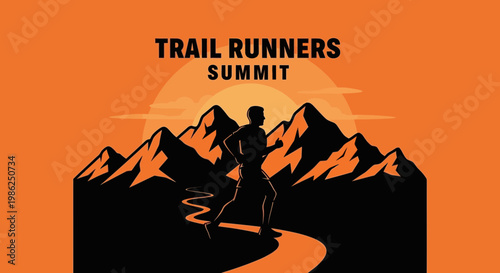 Summit Trail Runner Silhouette at Sunset, Perfect for Active Lifestyle and Events Imagery