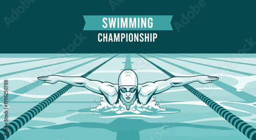 Swimming Championship Illustration Depicting An Athlete in Butterfly Stroke Competition