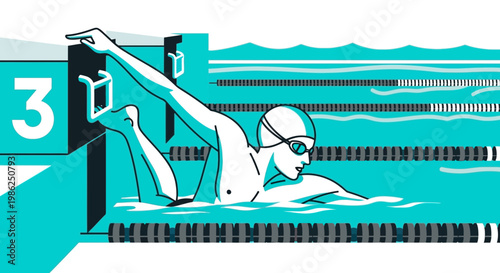 Swimmer Starting a Race in a Turquoise Pool Illustrative Art Style, Ready to Compete
