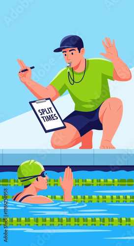 Swimming Coach Providing Guidance And Timing Information To Athlete In The Pool Practice Session