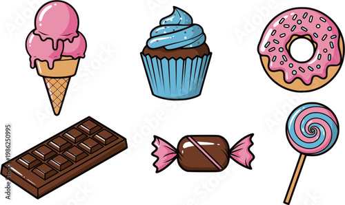 Set of six sweet dessert illustrations featuring a pink ice cream cone, blue cupcake, glazed donut, chocolate bar, wrapped candy, and a swirl lollipop in a simple cartoon graphic style
