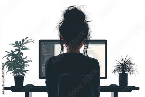 Woman Working on Dual Monitors at Desk with Plants