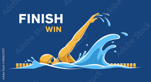 Swimming Competition: Illustrative Depiction Of A Swimmer Reaching The Finish Line Victory