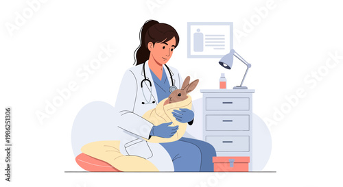 Adorable Rabbit Held Comfortably by a Veterinarian in Examination Room.