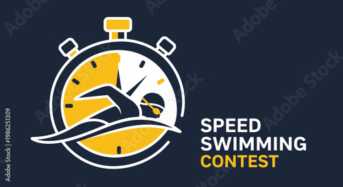 Swimming Competition Logo Depicting Speed and Athleticism in a Dynamic Stopwatch Design