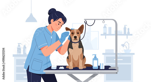 Beagle dog getting ear cleaning treatment at grooming salon.