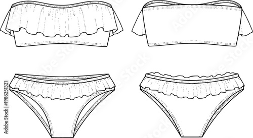 womens ruffle trim bandeau bikini set strapless tube top two piece swim suit flat sketch vector illustration technical cad drawing template