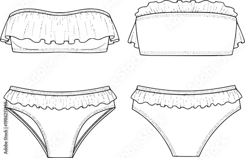 womens ruffle trim bandeau bikini set strapless tube top two piece swim suit flat sketch vector illustration technical cad drawing template
