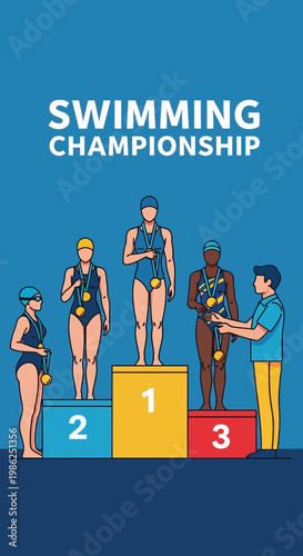 Swimming Competition Podium: Award Ceremony Depicting Champions And Medalists Celebration