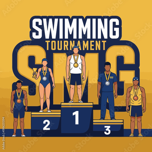 Swimming Competition Podium Depicting Champions, Medals, and Championship Celebrations