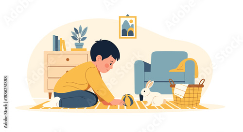 Boy playing with a white rabbit on the floor.