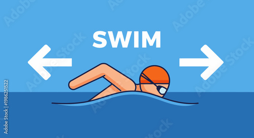 Swimming Concept: Animated Swimmer With Arrows Indicating Swim Directions And Movement