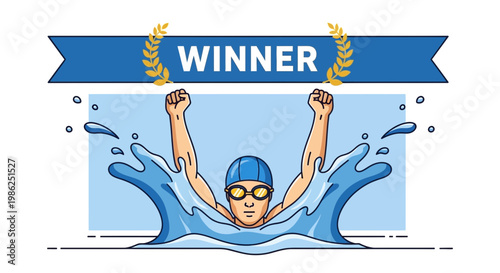 Swimming Champion Celebrating Victory Under Banner With Laurel Wreaths Artwork