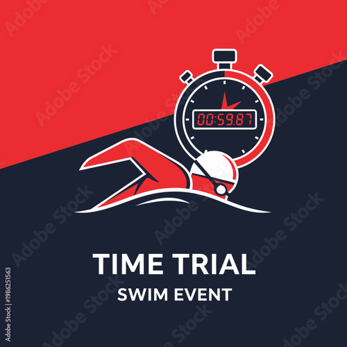 Swimming Competition Graphic: Athlete in Action, Timing Device Depicting Swim Event