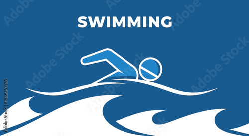 Swimming Concept: Graphic Illustration Of Swimmer And Waves With Blue Background Design