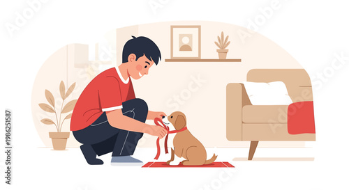 Cocker Spaniel puppy getting ready for a walk with its owner.