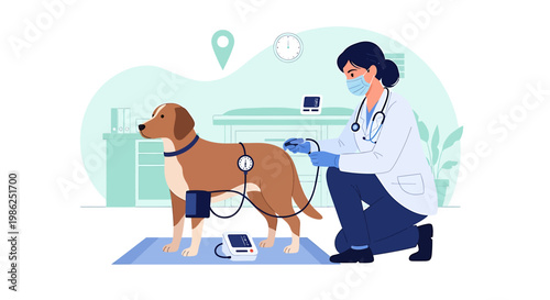 Dog undergoing veterinary checkup with blood pressure monitoring.