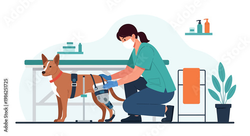 Dog rehabilitation with knee brace and supportive harness.