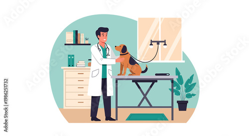 Dog with a cone collar at the vet clinic.