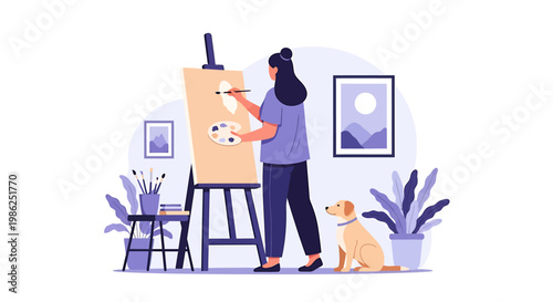 Female Artist Painting on Canvas with Dog Companion.