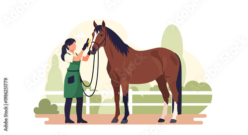 Elegant Brown Horse Being Groomed by a Woman.