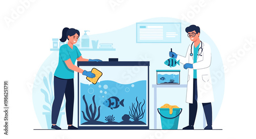Fish in Tank with Caretakers in a Clean Environment.