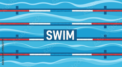 Swimming Pool Illustration With Text, Blue Water Waves and Lanes, Ready to Swim
