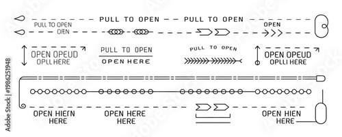 Fotografie Set of dotted line icons and symbols for opening packaging and instructions