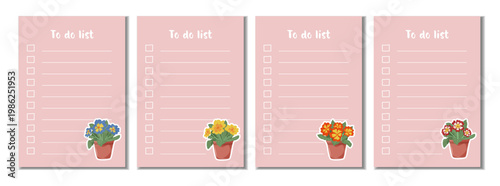 Vector to-do list templates with colorful blooming flowers in clay pots. Decorative pink stationery set for spring planning, floral organizers, and personal goal setting.