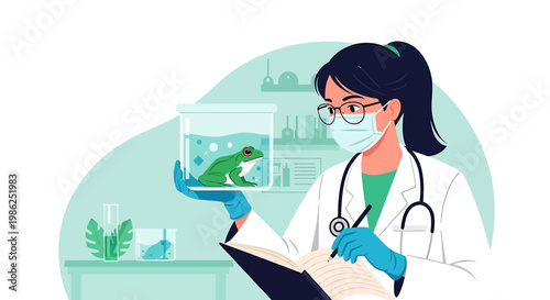 Green Frog in Glass Container for Scientific Study and Research.