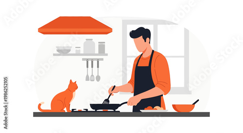 Man Cooking Food in Pan with Cat Watching in Kitchen.
