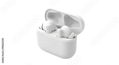 White wireless earbuds inside an open charging case cut out on png. ai generated isolated on a transparent background