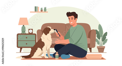 Man grooming his dog with a brush at home.