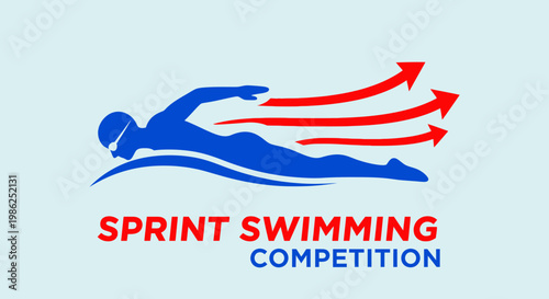 Swimming Sprint Competition Logo Featuring Athlete Silhouette with Arrows and Directional Movement