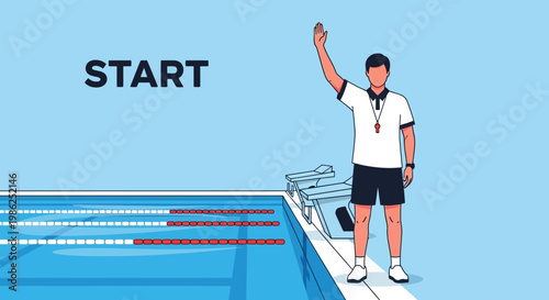 Swimming Start: A Coach Signals Ready To Commence The Competitive Aquatic Event