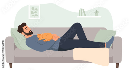 Man Relaxing with Orange Cat on Couch in Living Room.