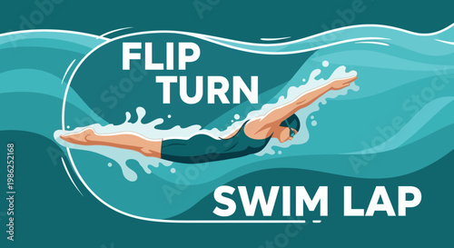 Swimming Technique Illustration Depicting Flip Turn And Competitive Swim Lap In The Water