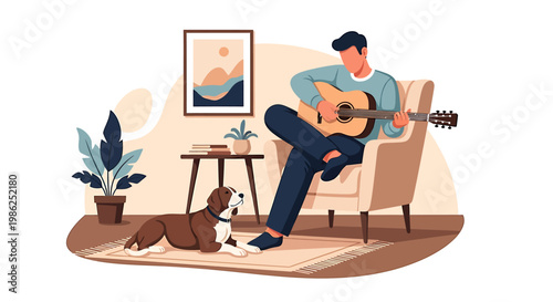 Man playing acoustic guitar in a living room setting, vector illustration.