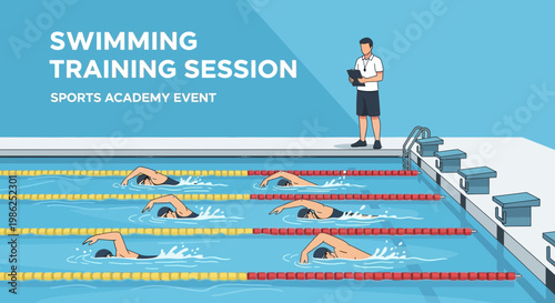 Swimming Training Session at Academy Event with Coach and Swimmers in Competition