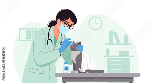 Veterinarian administering treatment to a cat in a clinic setting.