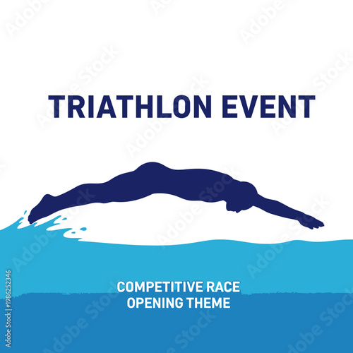 Swimming Triathlon Event Concept: Dynamic Athlete Diving into Water for Competition