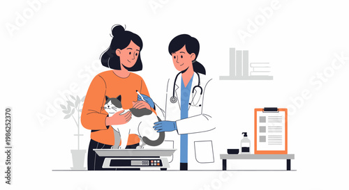 Veterinarian examining a cat with its owner in clinic.