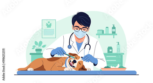 Veterinarian Examining Dogs Teeth with Brush in Clinic.