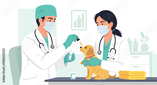 Veterinarians administering medication to a small dog in a clinic.