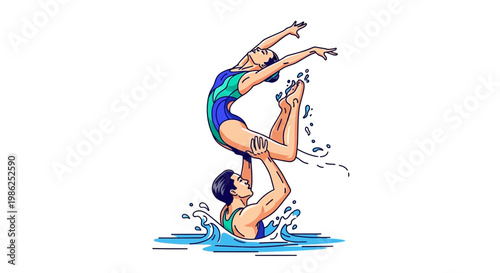 Synchronized Swimmers Performing Artistic Routine In Vivid Water, Sport Illustration