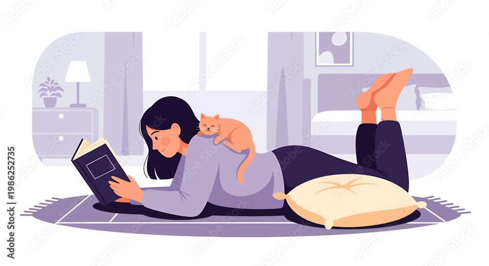Obraz premium Woman Reading a Book with Cat on Her Back.